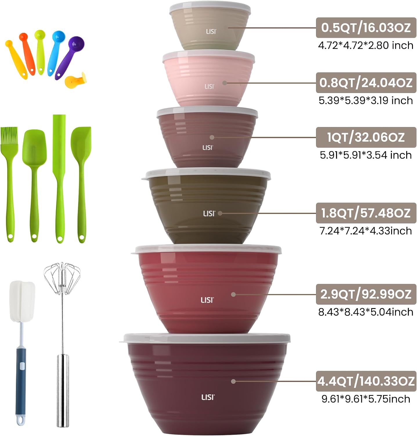 LISI 23Pcs Mixing Bowls Set with Lids, Airtight BPA-Free Nesting Bowls for Mixing, Baking, Cooking & Storage, Dishwasher Safe Serving Bowl, Includes Spatula, Spoons, Brush & Whisk