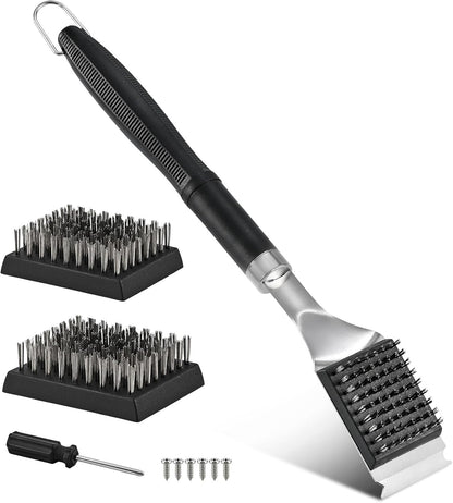 BBQ Grill Cleaning Brush with Scraper, 17'' Stainless Steel Grill Grate Cleaner with 2 Replaceable Stainless Steel Bristles Heads, Safe BBQ Accessories for Charcoal & Electric Grills