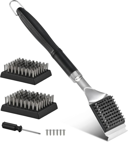 Grill Brush and Scraper for Barbecue – Grill Brush for Outdoor Grill with Extended, Large Handle and 2 Replaceable Stainless Steel Bristles Head –No Scratch- BBQ Grill Brush for Any Grill