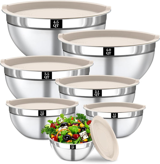 21PCS Mixing Bowls with Lids Set - 7 Nesting Mixing Bowls, 3 Graters, 11 Baking Tools, Lids, Stainless Steel Mixing Bowl for Mixing & Baking, Size 0.7/1.1/1.5/2.1/3.5/4/4.5 QT, Colorful