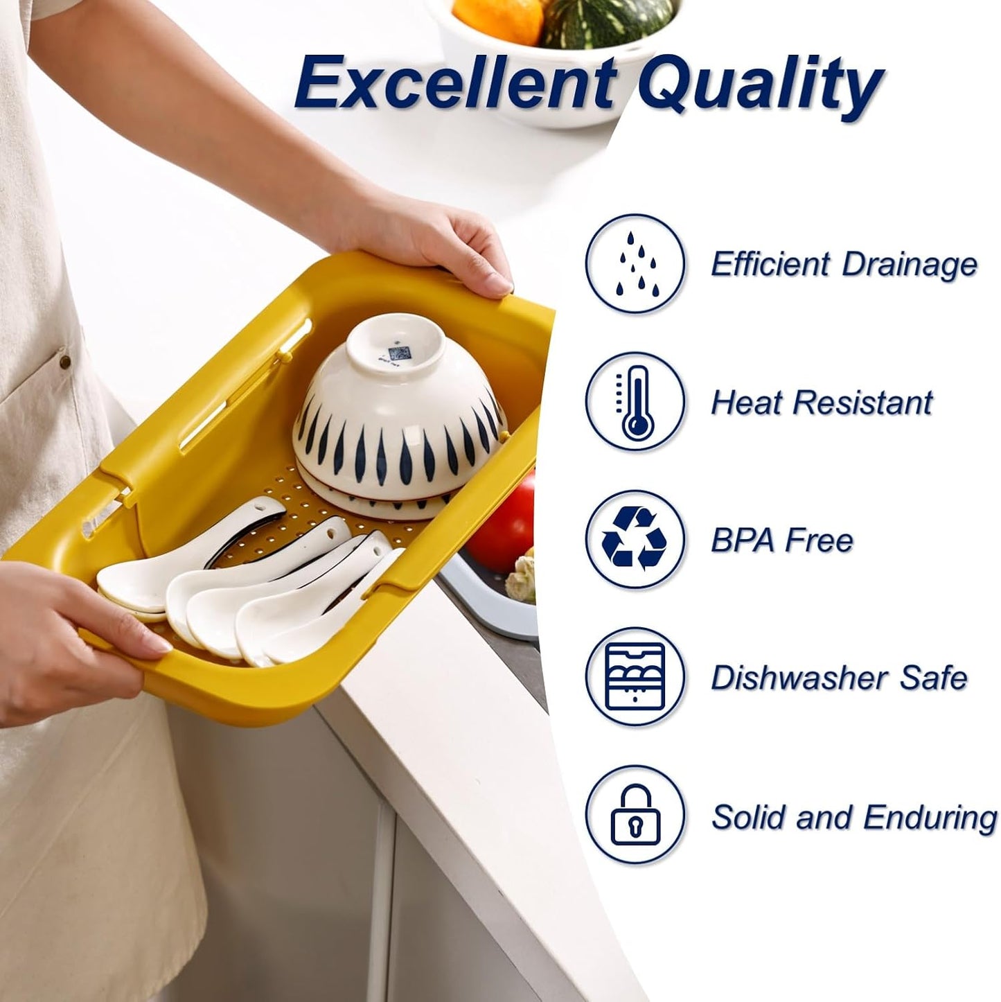 Extendable Sink Colander Strainer Basket - Wash Vegetables and Fruits, Drain Cooked Pasta and Dry Dishes - Adjustable Over the Sink Colander Collapsible Drainer Basket - White