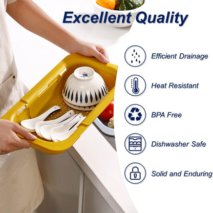 Extendable Sink Colander Strainer Basket - Wash Vegetables and Fruits, Drain Cooked Pasta and Dry Dishes - Adjustable Over the Sink Colander Collapsible Drainer Basket - White