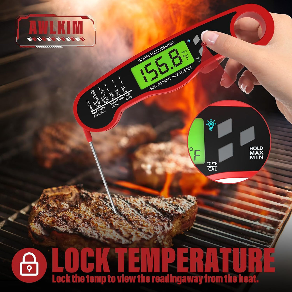 AWLKIM Meat Thermometer Digital, Instant Read Food Thermometer, Red