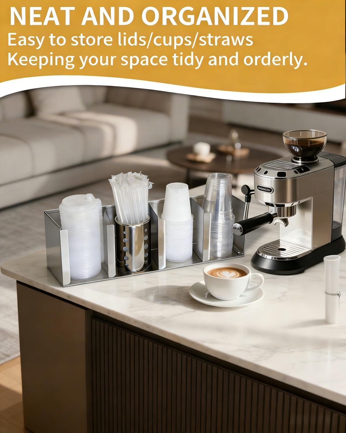 Stainless Steel Cup Dispenser,3 Compartments Cup Holder and Lid Holder with Adjustable Dividers,Cup Organizer for Kitchen Cabinets Cafe Shop Restaurant,Includes Straw Holder