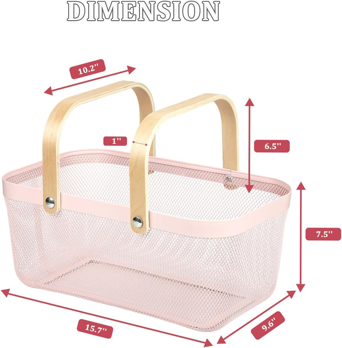 Coloful Metal Mesh Wire Basket with Foldable Wooden Handle,Bin Garden Fruit Vegetable Storage Hanging Harvest Holder for Kitchen Bathroom Picnic (Yellowish Green, Cuboid-15.7 x 9.5 x 7.2“)
