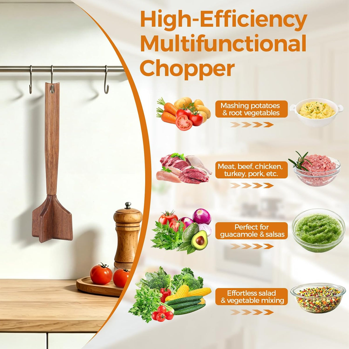 Wooden Meat Chopper,Ground Meat Masher,Beef Masher,Hamburger Masher,Potato and Bean Masher,Chicken and Beef Shredder,Multi-Use Wood Meat Separator and Long-lasting Kitchen Utensil