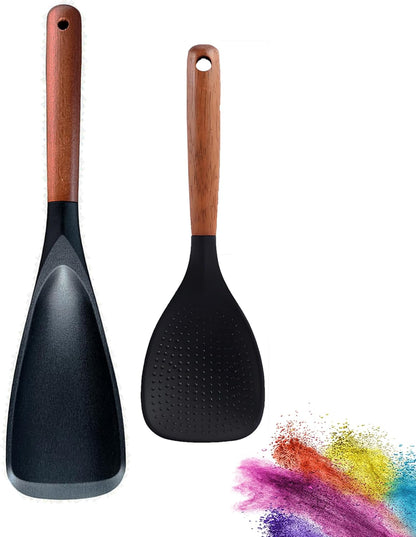 Silicone Spatula and Rice Spoon with Wooden Handle, Non-Stick, Heat Resistant, for Cooking, Mixing, Scooping (White, 9-inch rice spoon)