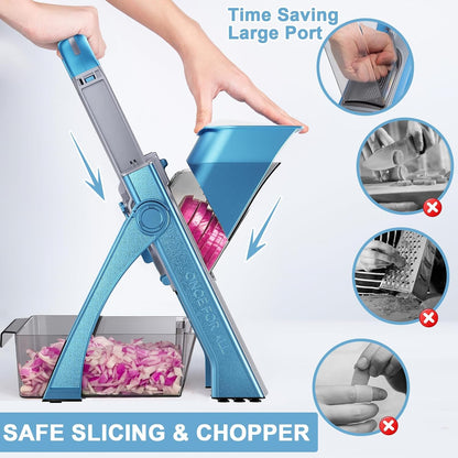 8 in 1 Mandoline Slicer for Kitchen, Vegetable Chopper, Potato Slicer, Fry Cutter Onion Chopper with Drain Basket Food Container with Lid, Stainless Steel Cheese Grater for Quick Meal Pre (Black)