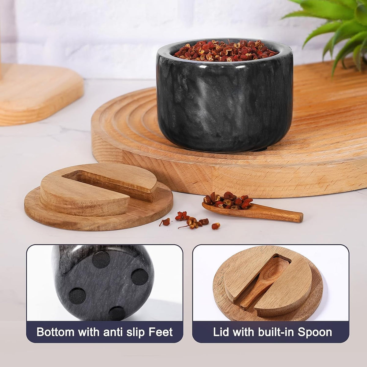 Salt and Pepper Bowl, Marble Salt Cellar and Spices Storage Container With Built-in Spoon and Acacia Wood Lid - 6.5oz Capacity (White)