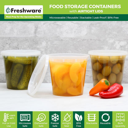 Freshware Food Storage Containers [24 Set] 32 oz Plastic Deli Containers with Lids, Slime, Soup, Meal Prep Containers, BPA Free, Stackable, Leakproof, Dishwasher and Freezer Safe, Translucent