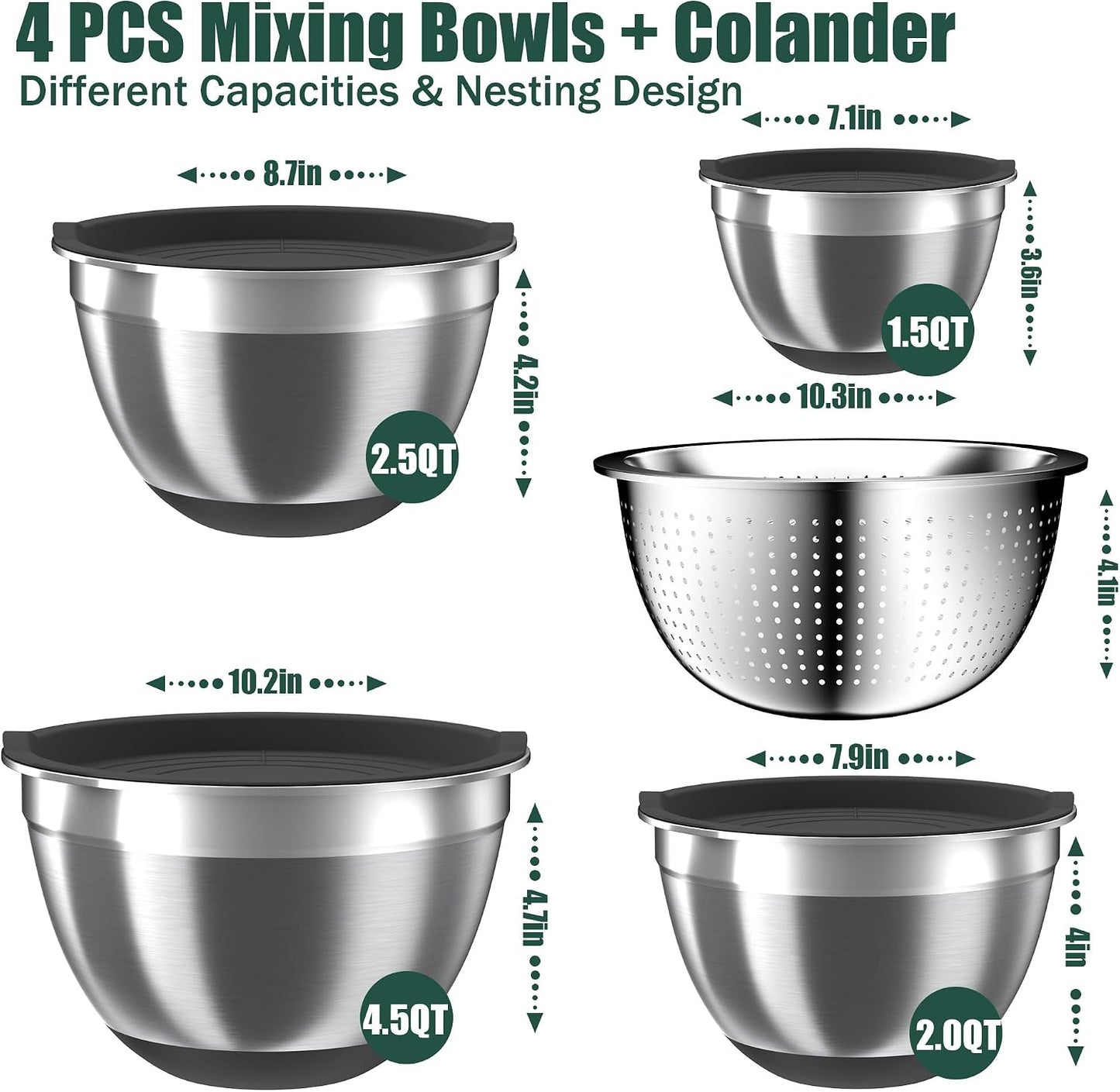 Mixing Bowls with Lids Set, 16PCS Stainless Steel Mixing Bowls,Nesting Storage Bowls for Kitchen with Mixing Bowls Set, Colander, Strainer & Grater , Metal Salad Bowl for Kitchen Gadgets , Cream