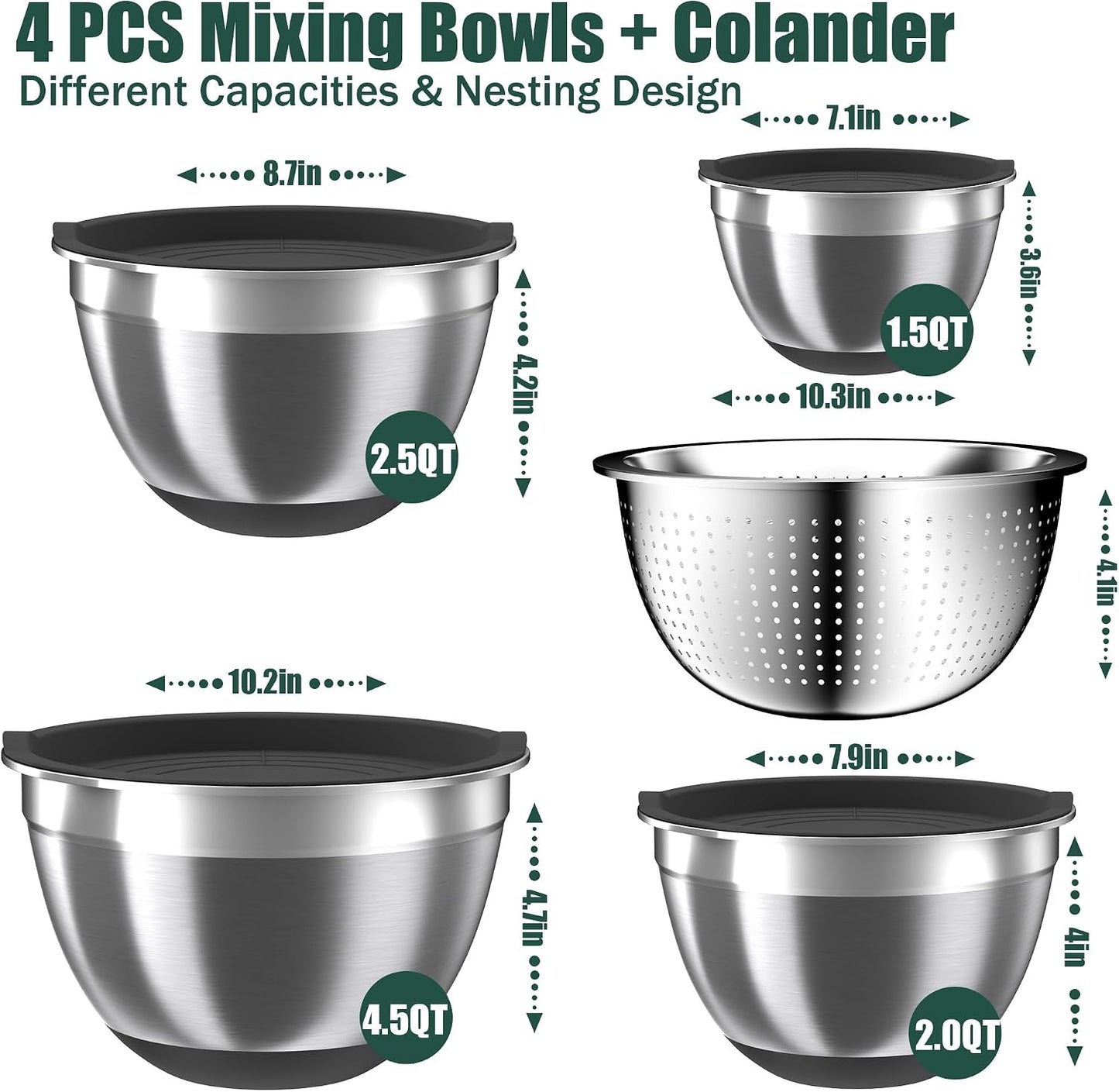 Mixing Bowls with Lids Set, 16PCS Stainless Steel Mixing Bowls,Nesting Storage Bowls for Kitchen with Mixing Bowls Set, Colander, Strainer & Grater , Metal Salad Bowl for Kitchen Gadgets , Cream