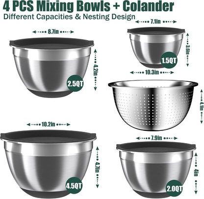 Mixing Bowls with Lids Set, 16PCS Stainless Steel Mixing Bowls,Nesting Storage Bowls for Kitchen with Mixing Bowls Set, Colander, Strainer & Grater , Metal Salad Bowl for Kitchen Gadgets , Cream