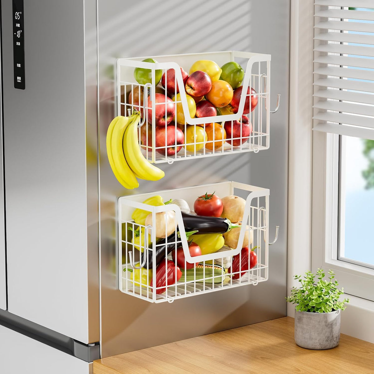 2 Set Magnetic Shelf for Fridge, Potato & Onion Storage Bins, Magnetic Fruit Basket for Refrigerator Pantry Kitchen Counter Laundry Organizer, Fridge Magnetic Spice Rack Magnet Fridge Storage