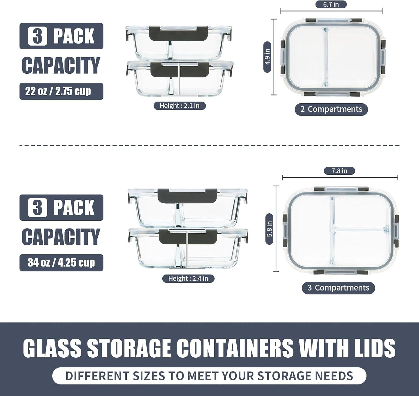 GULFLIN 12 Pack 22oz Glass Meal Prep Containers, Food Storage Containers with Lids, Air-Tight, Leak-Resistant, Freezer to Microwave Safe - Grey Set