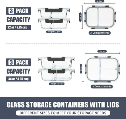 GULFLIN 12 Pack 22oz Glass Meal Prep Containers, Food Storage Containers with Lids, Air-Tight, Leak-Resistant, Freezer to Microwave Safe - Grey Set