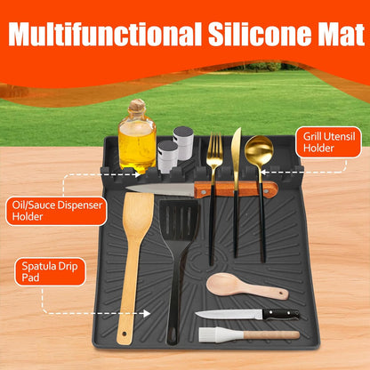Large Silicone Grill Mat with Drip Pad, Heat Resistant Spatula Holder for Blackstone Side Shelf & Outdoor Kitchen Countertop, Reusable Griddle Accessories for BBQ Enthusiasts and Home Cooks