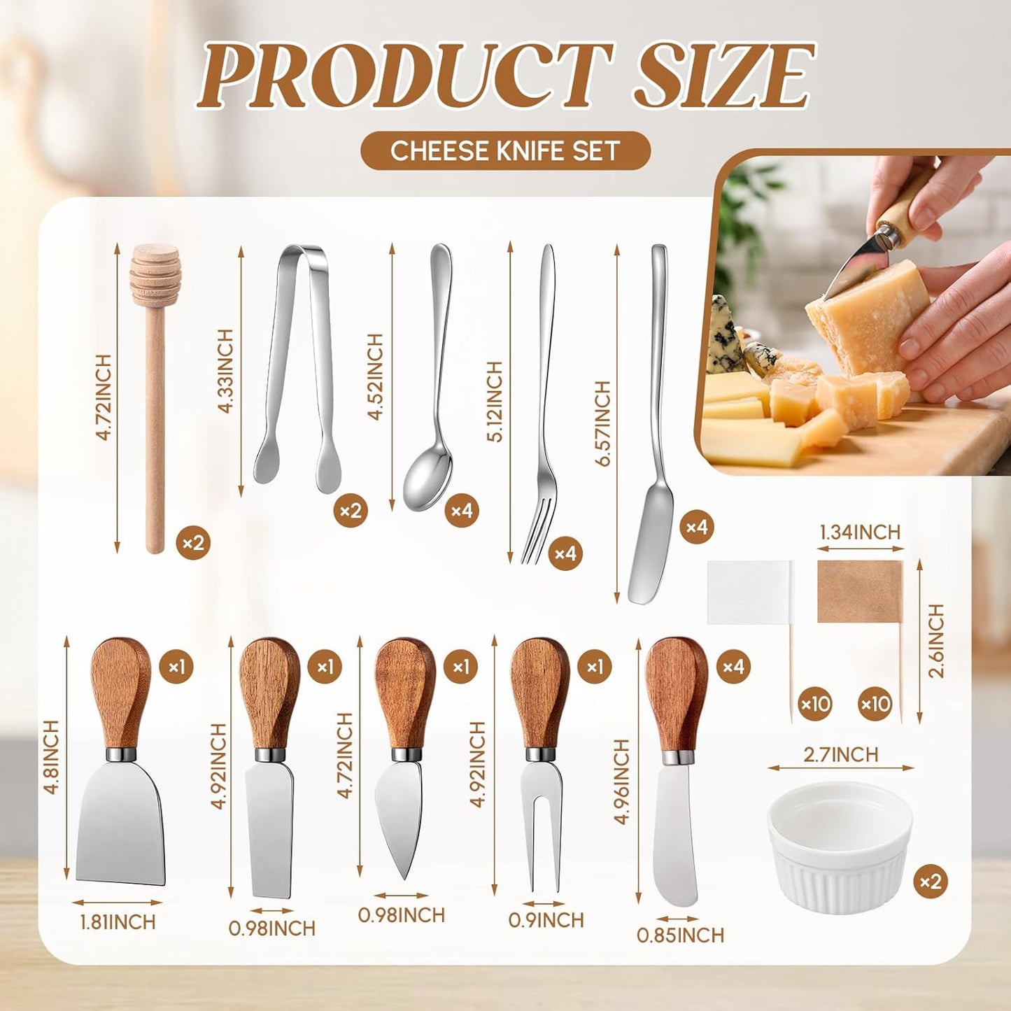 Hushee 44 Pcs Charcuterie Boards Accessories with Magnetic Acacia Wood Holder Wooden Cheese Knife Set for Wood Handle Knives for Cheese Knife Slicer with Tongs, Spoons, Forks, Honey Dipper (Style 2)