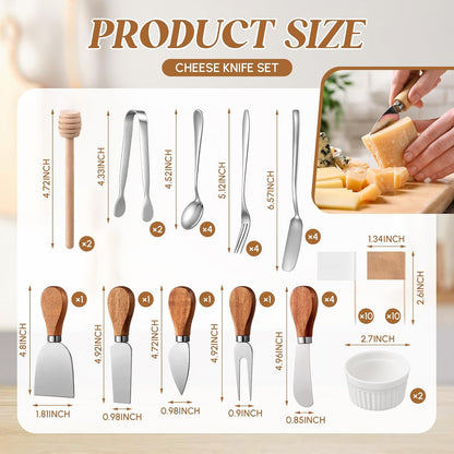 Hushee 44 Pcs Charcuterie Boards Accessories with Magnetic Acacia Wood Holder Wooden Cheese Knife Set for Wood Handle Knives for Cheese Knife Slicer with Tongs, Spoons, Forks, Honey Dipper (Style 2)