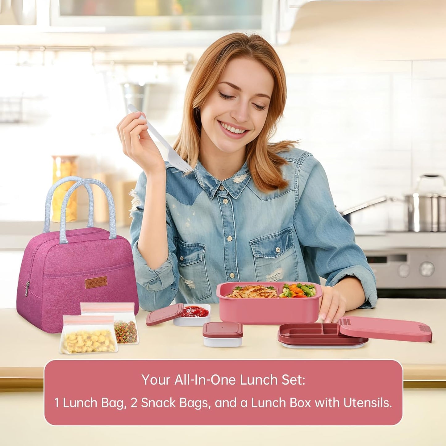 JBGOYON Bento Box and Lunch Bag Set, Leak-Proof Lunch Box for Adults and Kids with Built-in Utensils, Insulated for Work School Travel, Microwave & Dishwasher Safe, All-in-One (Purple)