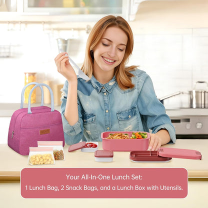 JBGOYON Bento Box and Lunch Bag Set, Leak-Proof Lunch Box for Adults and Kids with Built-in Utensils, Insulated for Work School Travel, Microwave & Dishwasher Safe, All-in-One (Purple)