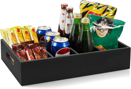 DRASTAR Pantry Organization and Storage Bins, Large Snack Organizer with Removable Dividers, Wooden Storage Caddy for Kitchen, Pantry, Cabinet, Countertop, Black