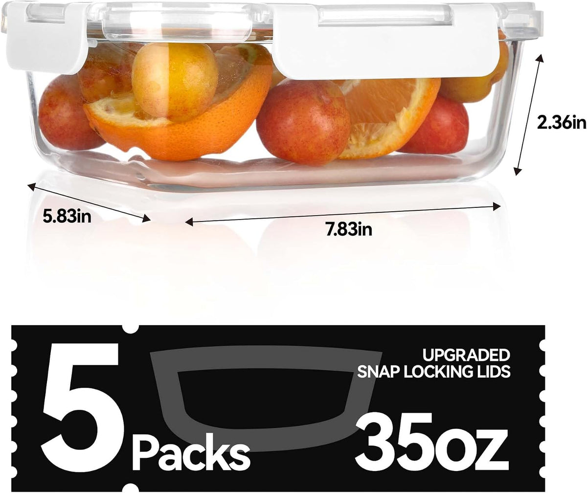 BAYZZ Glass Food Storage Containers, 5 Pack 35 Oz Glass Meal Prep Containers, Lunch Boxes with Airtight BPA-Free Lids, Microwave, Freezer and Dishwasher Safe