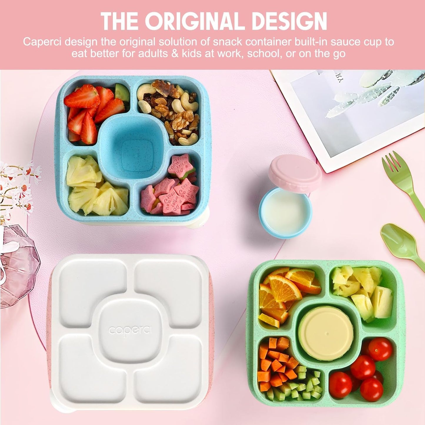 Caperci Original Lunchable Snack Containers for Kids & Adults - 5 Compartments Bento Snack Boxes with 4 Leakproof Small Containers, Wheat Straw, BPA-Free, Set of 4