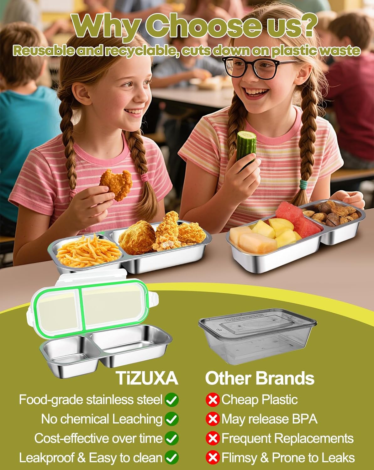 2Pack Stainless Steel Snack Containers for Kids Adults, Reusable 3 Compartment Snackle Box Container with Leakproof Lids Metal Bento Lunch Boxs Food Storage Containers for Travel Picnics Office School