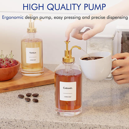16.9 oz (500 ml) Coffee Syrup Dispenser Set- 4 Glass Bottles with Gold Pumper and Syrup Labels - Precise Dispensing and Stylish Addition to Coffee Shop, Cafe or Home Bar