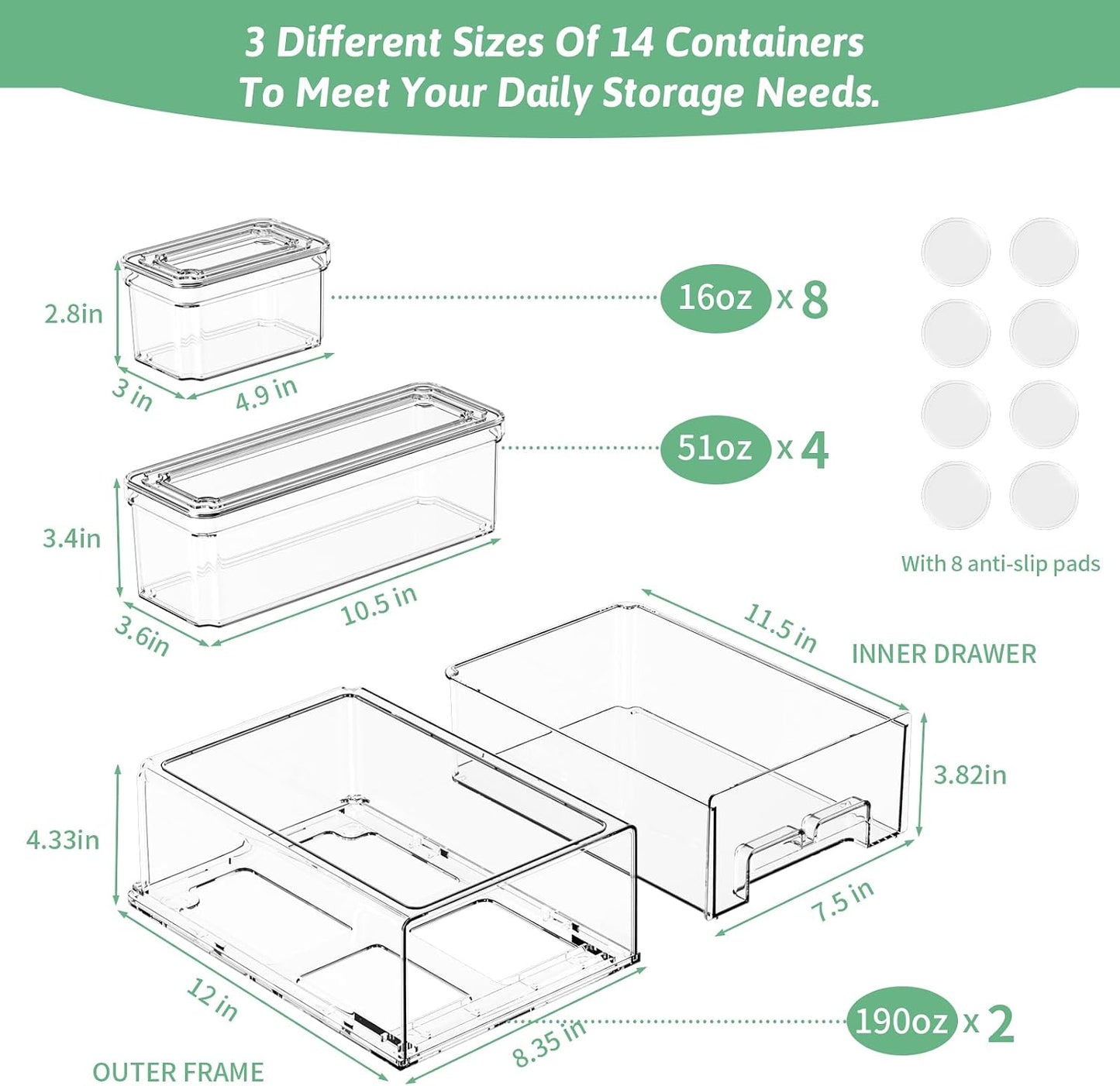 damynuo 16Pcs Fridge Organizer Bins, Clear Refrigerator Organizing Containers with Lids and Refrigerator Drawers, Stackable Food, Vegetable and Fruit Containers for Fridge Organizers and Storage