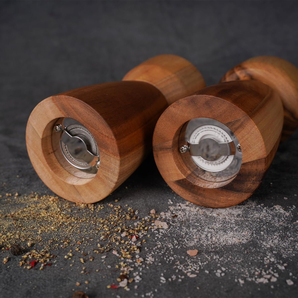 Pepper Grinder, Pepper Mill with Adjustable Stainless Steel, Acacia Wood, 14 cm/5 inch Height, Bottom Dia: 6 cm/2.36 inch (Tray is NOT Included)