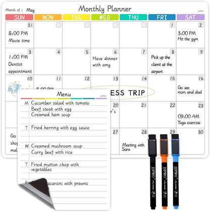 JJPRO Magnetic Monthly Calendar Whiteboard Set for Refrigerator-Monthly Planning Board, Weekly Menu Planner and to Do List for Fridge with 6 Markers-14.5" x11