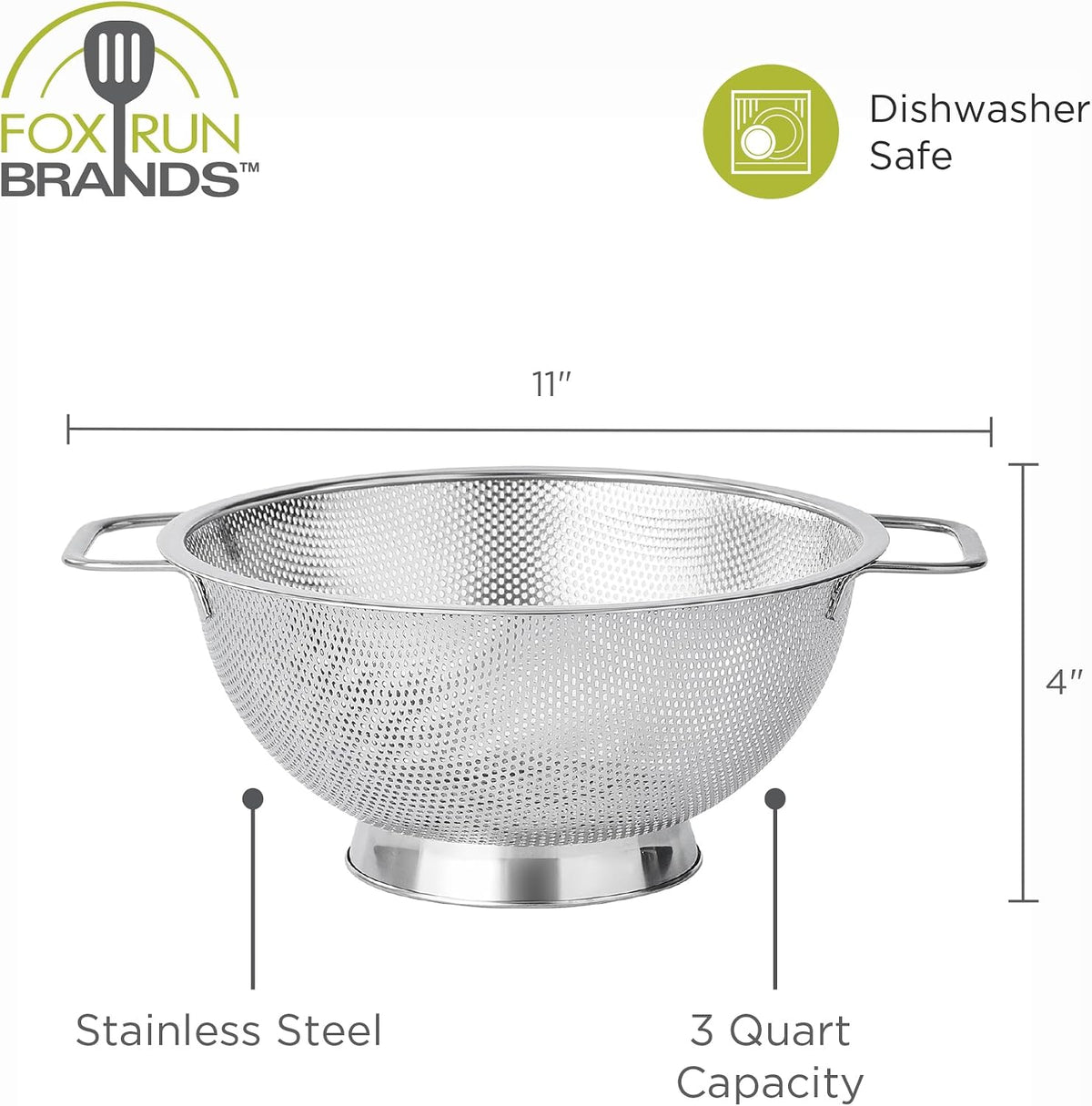 Fox Run Stainless Steel Colander, 4.7 Quart Over The Sink Pasta Strainer