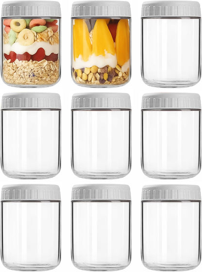 Overnight Oats Containers with Lids, 10oz Wide Mouth Mason Jars with Lids, 9 Pack Glass Jars with Airtight lid for Chia Pudding Yogurt Salad, Meal Prer Oatmeal Jars, Pink
