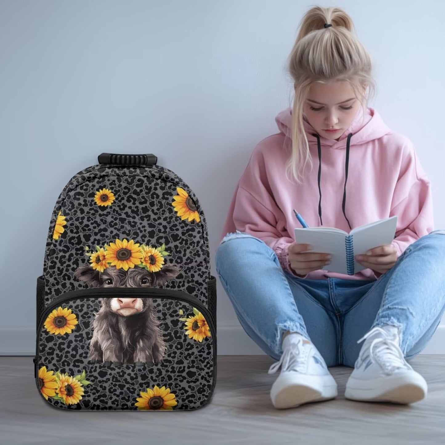 Highland Cow Backpack with Lunch Box Set for Kids Sunflower School Backpack for Girls Boys Back to School Bag Student Travel Backpacks Reusable Utensils Pen Case Water Bottle Bag 5PCS