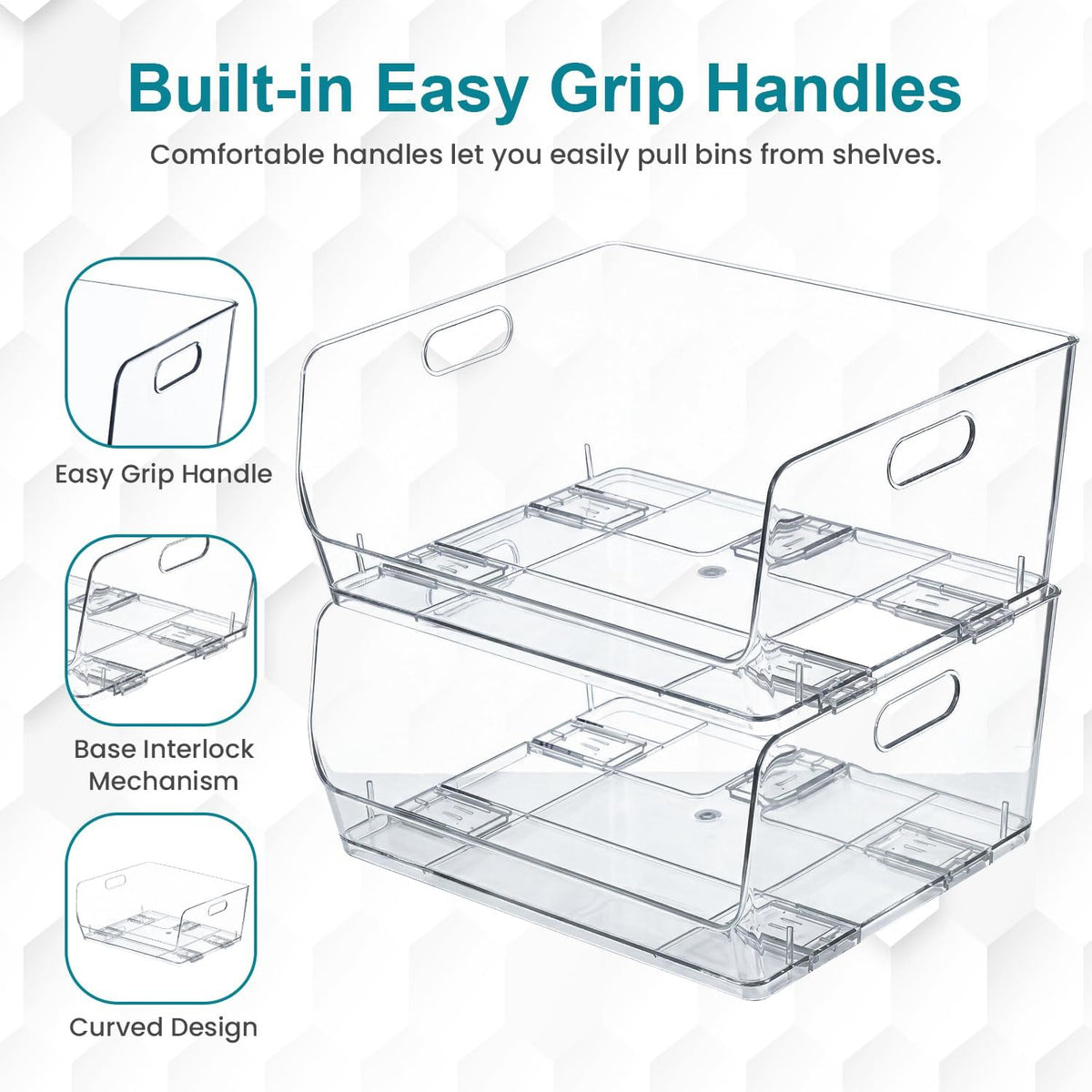 Basicwise Set of 3 Open-Front 16" Clear Storage Bins with Easy-Grip Handles Stackable Transparent Plastic Organizer Container for Pantry Cabinet Refrigerator Drawers Closets & Shelf Organization, XL