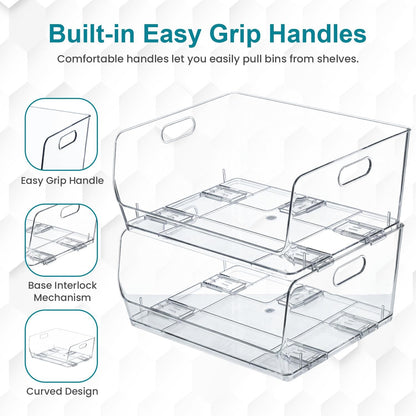 Basicwise 9-Inch Open-Front Clear Storage Bin with Easy-Grip Handle Stackable Transparent Plastic Organizer Container for Pantry Cabinet Refrigerator Drawers Closets and Shelf Organization, Medium