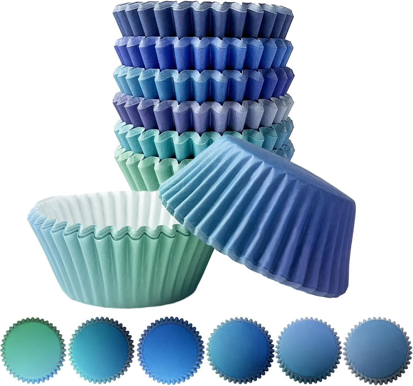 qiqee 300PCS Mini Gradient Cupcake Liners Cupcake Cups 6 Designs Blue Gradient Cupcake Papers Baking Cups Cupcake Wrappers (Small Size)