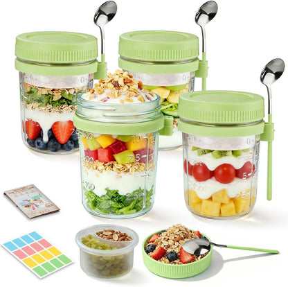Overnight Oats Containers with Lids and Spoons - 4 Pack 16 oz Glass Mason Jars with Separate Compartments Airtight Overnight Oat Jars Leakproof Yogurt Parfait Cup for Oatmeal Chia Pudding Cereal Salad