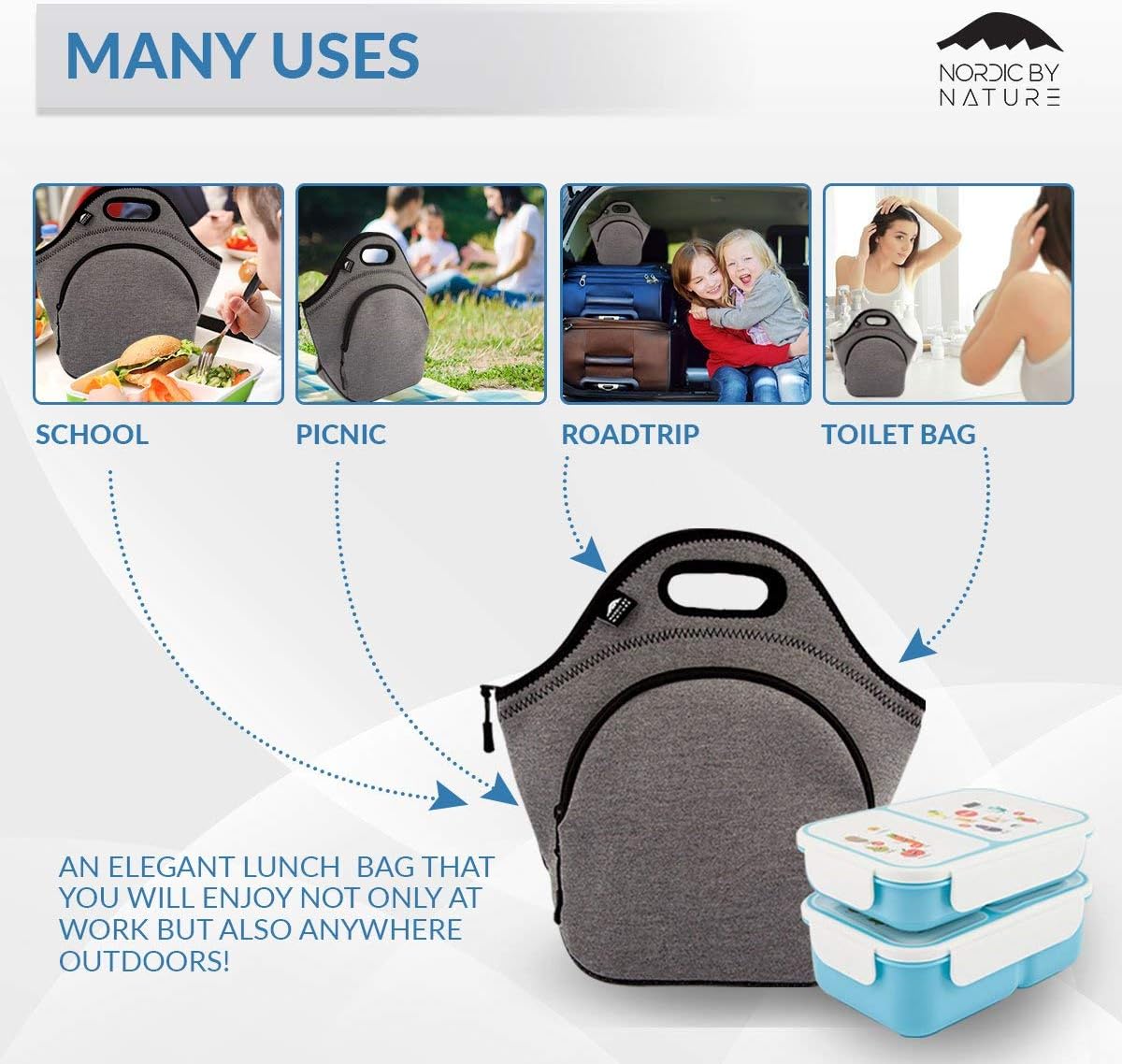 Nordic By Nature Large Neoprene Lunch Bag for Women & Lunch tote for Kids Insulated Lunch bag Reusable Washable Extra Thick Neoprene & Soft Cotton Feel, Premium Stitching, Outside Pocket, (L) Black