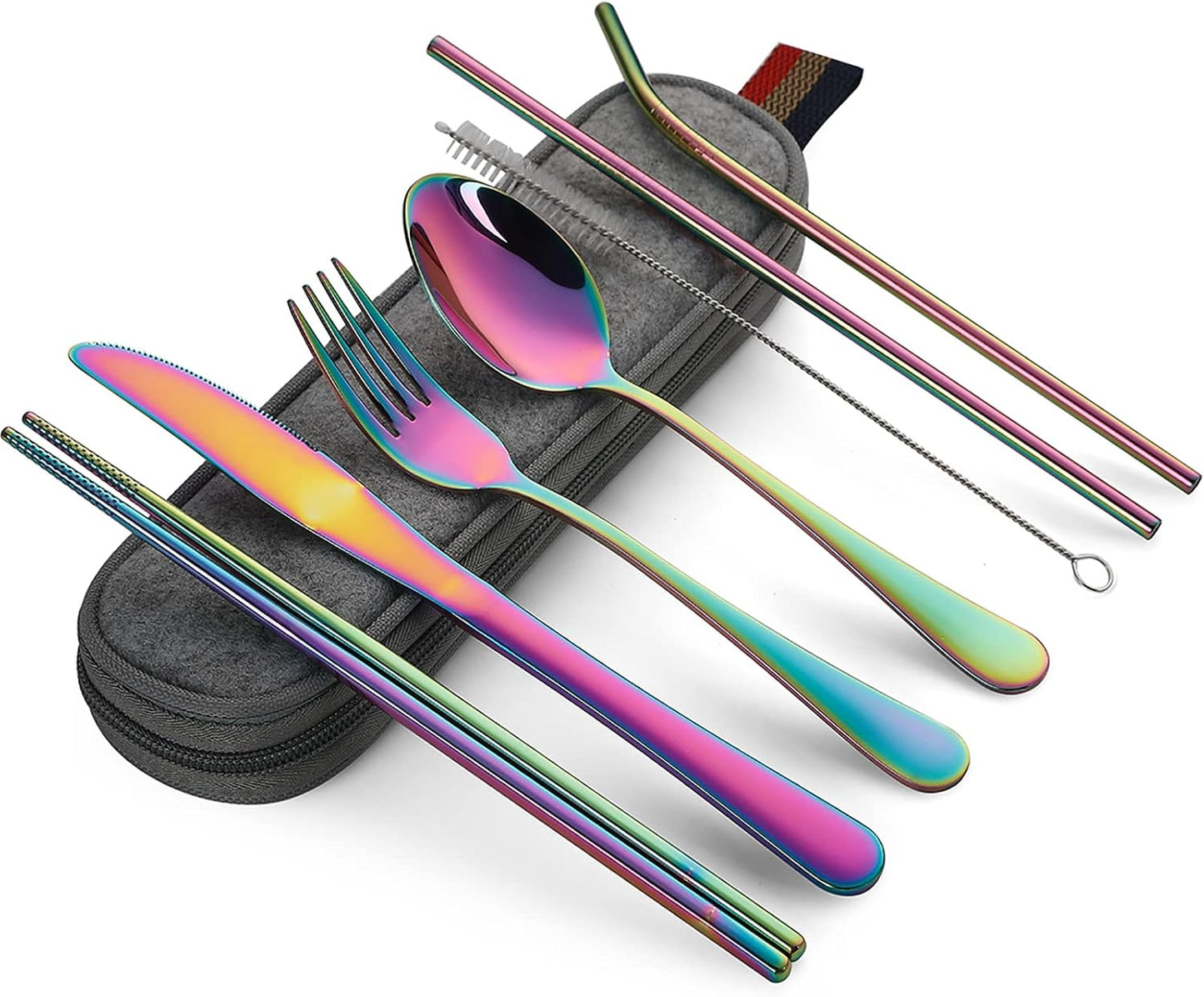 DEVICO Camping Utensils, 8-Piece Full-Size Reusable Silverware for Lunch Adult, Stainless Steel Portable Fork Spoon Knife Set for Work, Travel Cutlery Set with Case and Chopsticks Straws (Rainbow)