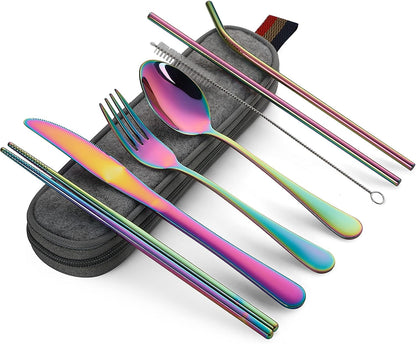 DEVICO Camping Utensils, 8-Piece Full-Size Reusable Silverware for Lunch Adult, Stainless Steel Portable Fork Spoon Knife Set for Work, Travel Cutlery Set with Case and Chopsticks Straws (Rainbow)