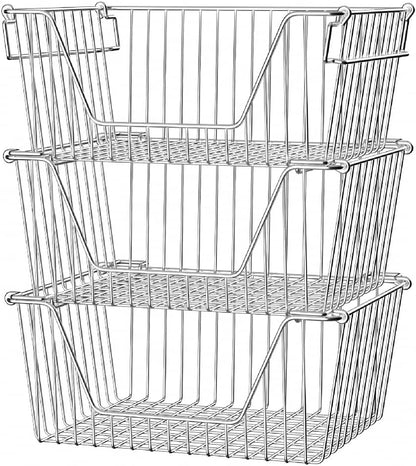 Slideep Wire Storage Baskets, Freezer Baskets Farmhouse Stackable Organizer Storage Bins Large Organizer for Storage, Office, Bathroom, Pantry Organization Storage with Handles 14" Black -Set of 3
