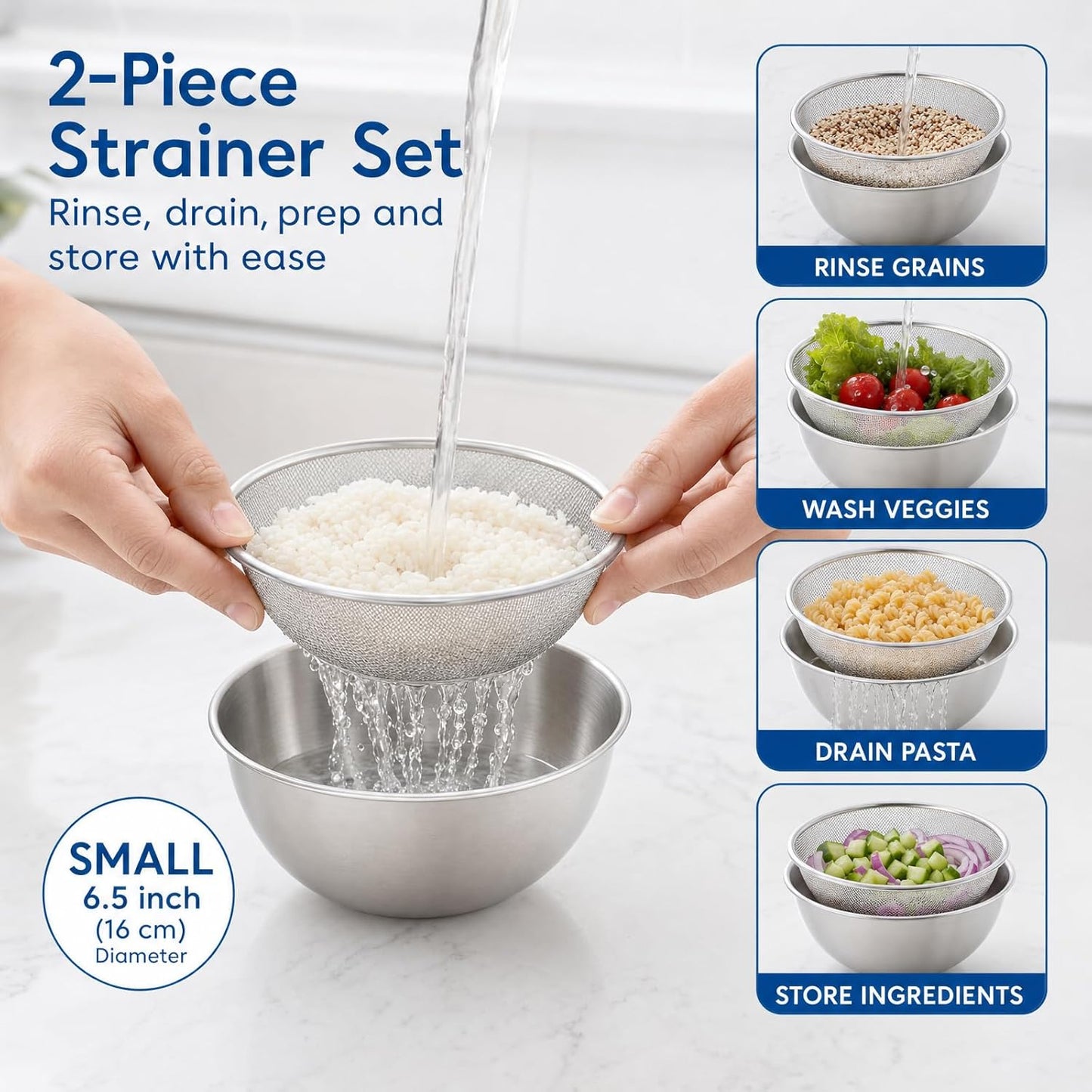 304 Stainless Steel Colander Set, 1.5QT Colander with Bowl, 30-Mesh Micro Perforated Strainer for Rice, Quinoa, Pasta, Fruits & Vegetables,2 pack