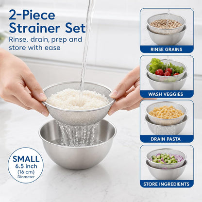 304 Stainless Steel Colander Set, 1.5QT Colander with Bowl, 30-Mesh Micro Perforated Strainer for Rice, Quinoa, Pasta, Fruits & Vegetables,2 pack