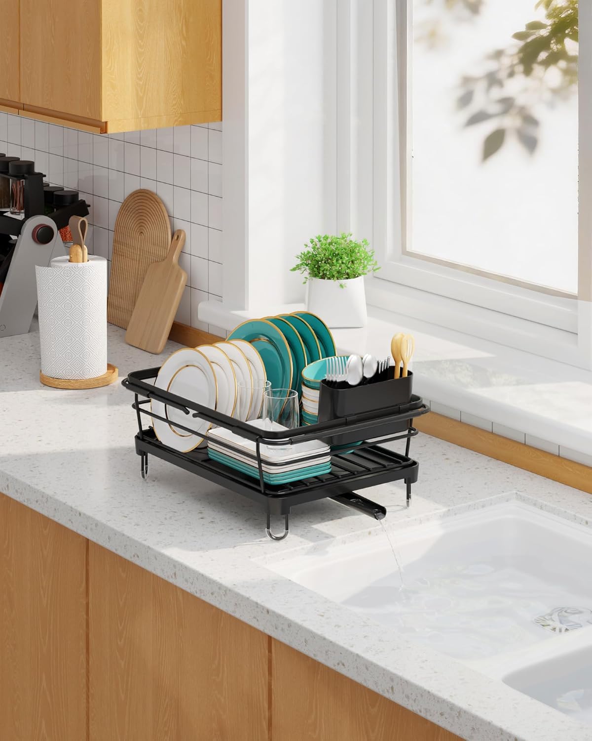 Sakugi Dish Drying Rack in Sink - Expandable Stainless Steel Dish Rack Over the Sink, Kitchen Sink Drain Strainer with Cutlery Holder & Cup Holders, 15.4 x 9.8 x 3.0 Inch, Black