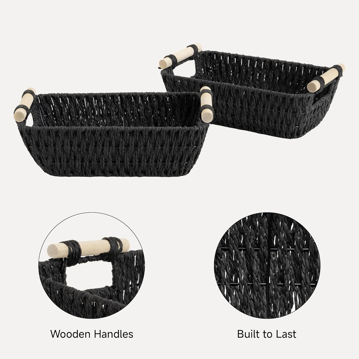 StorageWorks Hand-Woven Storage Baskets with Wooden Handles, Water Hyacinth Wicker Baskets for Organizing, 2 Pack