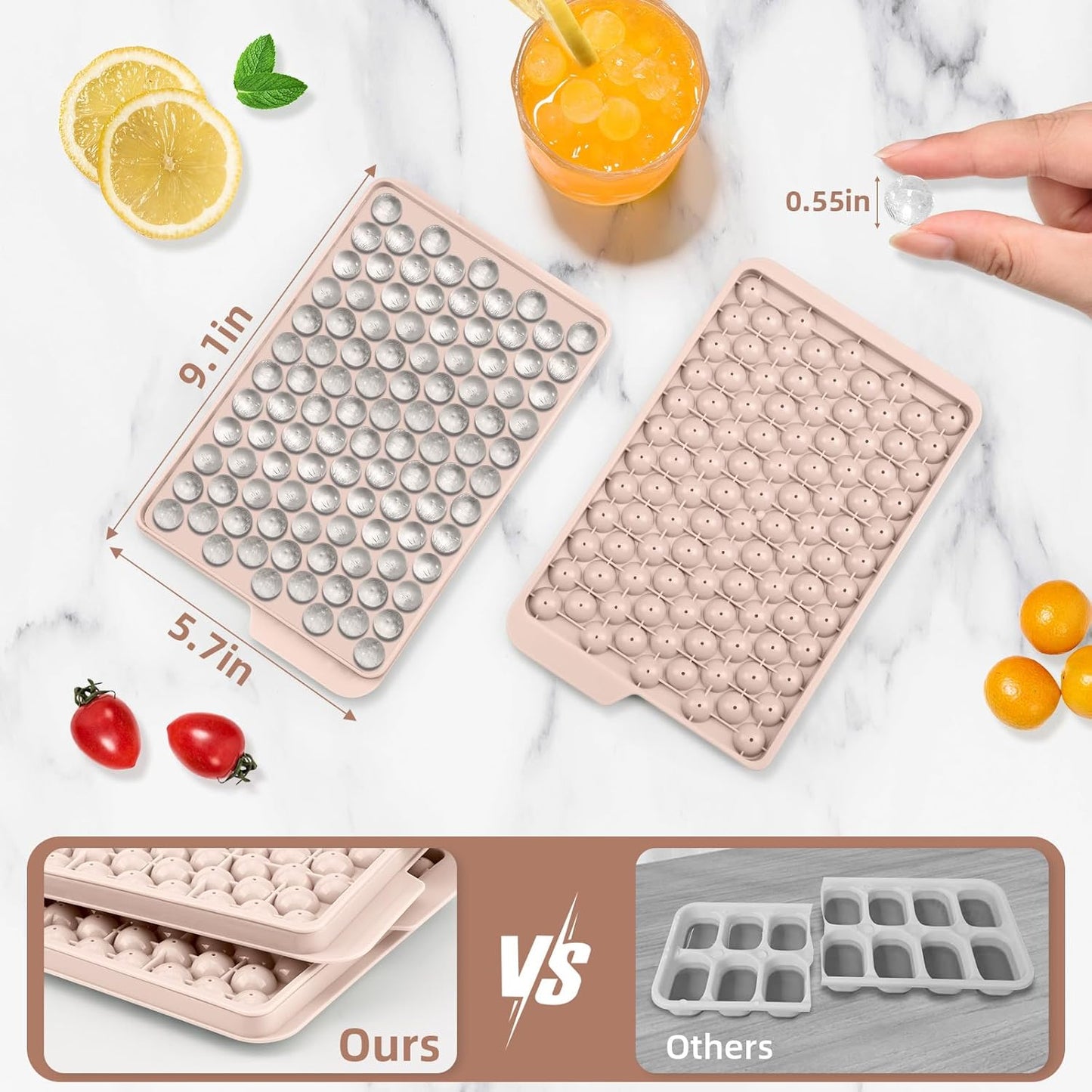 WIBIMEN Mini Ice Cube Trays, 0.55” Tiny Pebble Ice for Iced Coffee & Cocktails, Fast Chill, Easy Twist Release, Stackable with Lid & Storage Bin (2 Pack, Blue)