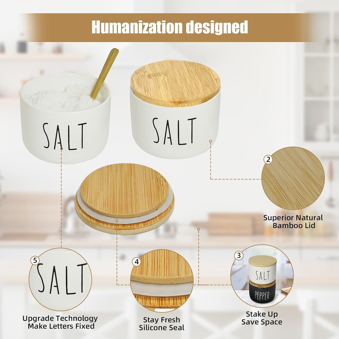 Farmhouse Salt And Pepper Containers,Salt Containers For Countertop,Stacked Ceramic Cellar With Bamboo Lid, Spice Box With Spoon,Seasoning Holder with lid,Ceramic Bowls (B&W H)